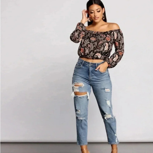 ☀️Windsor Free Sprit Off Shoulder Paisley Crop Top - Picture 9 of 9